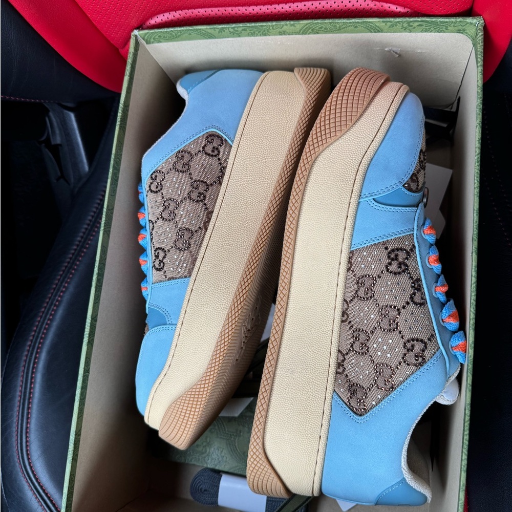 Designer Blue and Beige Patterned Sneakers and Light Blue!